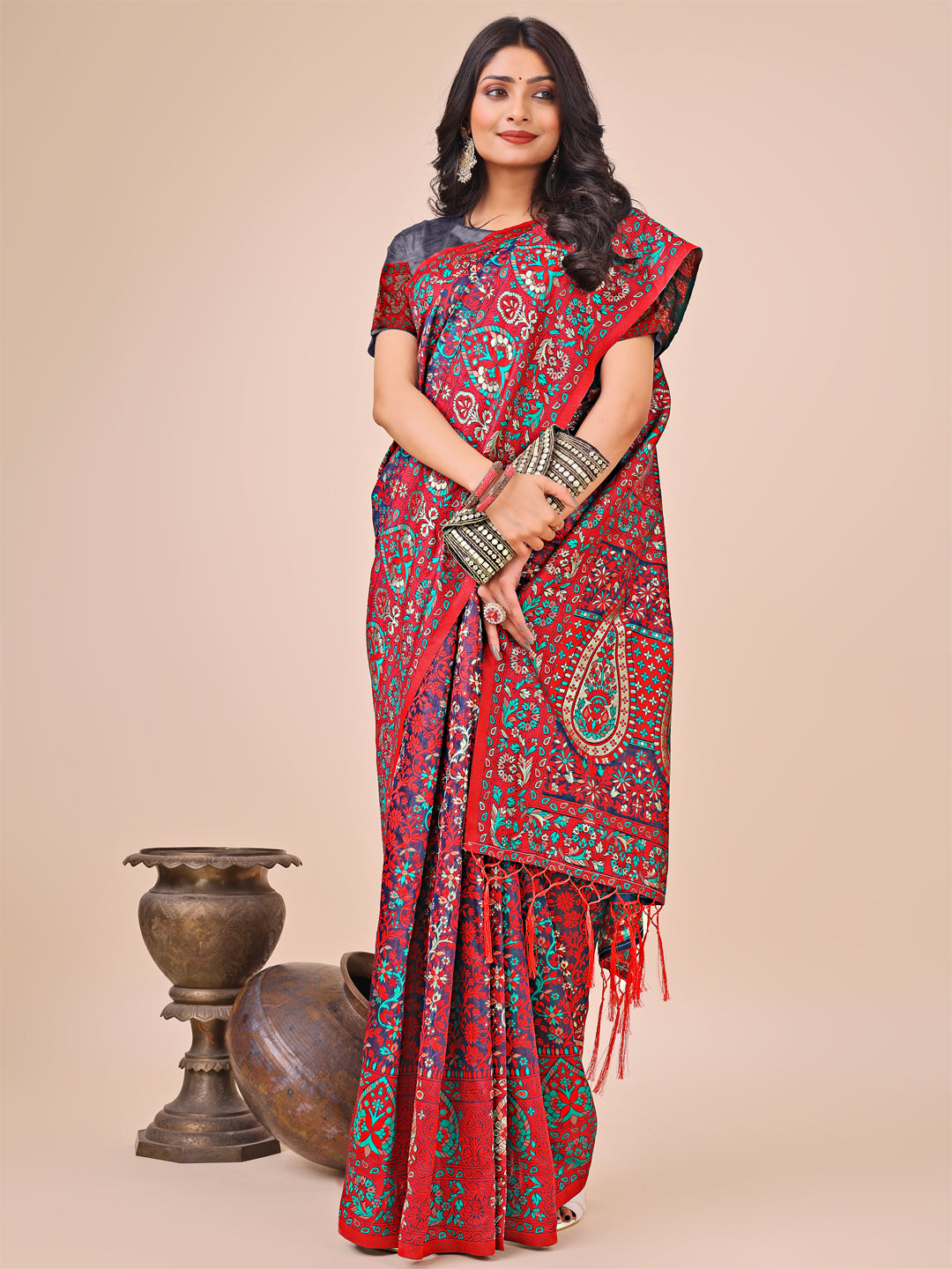 Elegant Pink Jacquard Linen Cotton Saree with Traditional Multicolor Weave & Tassel Pallu