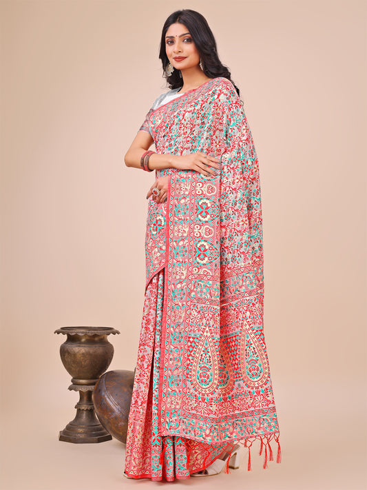 Elegant White Jacquard Linen Cotton Saree with Traditional Multicolor Weave & Tassel Pallu