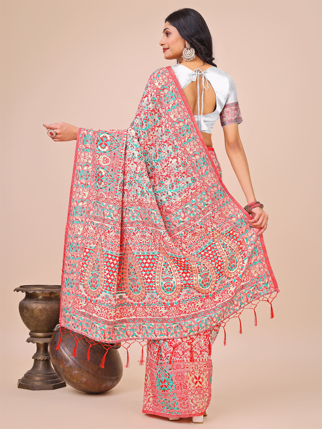 Elegant White Jacquard Linen Cotton Saree with Traditional Multicolor Weave & Tassel Pallu