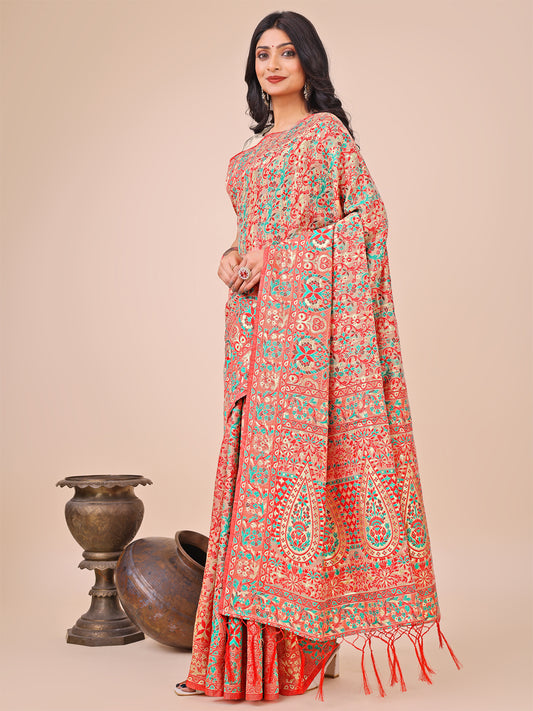 Elegant Cream Jacquard Linen Cotton Saree with Traditional Multicolor Weave & Tassel Pallu