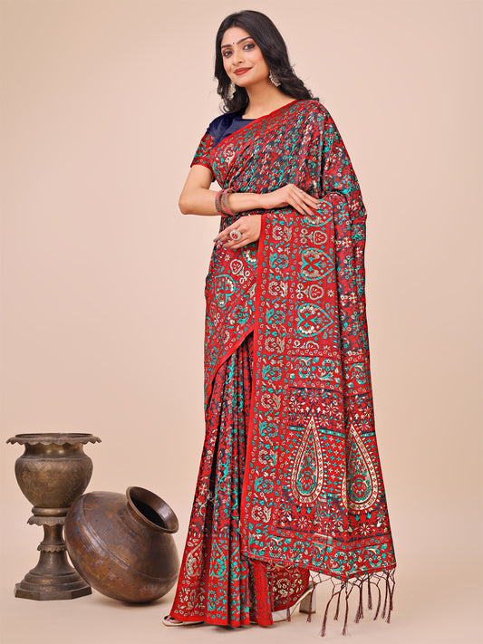 Elegant Red Jacquard Linen Cotton Saree with Traditional Multicolor Weave & Tassel Pallu