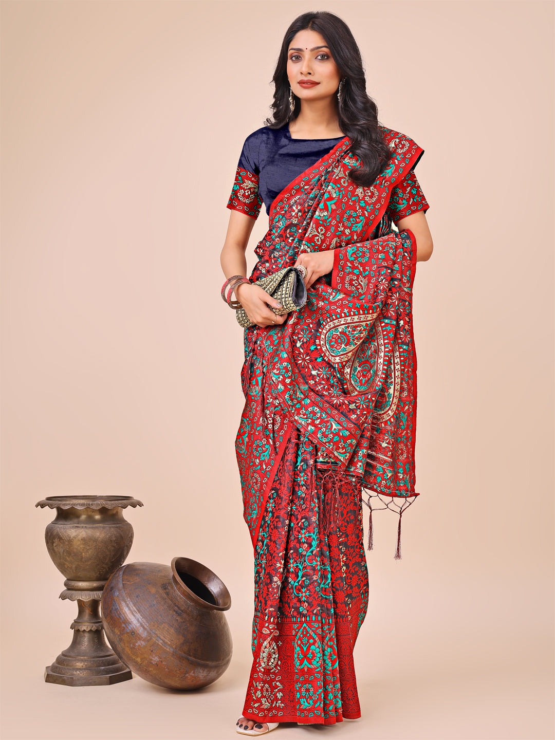 Elegant Red Jacquard Linen Cotton Saree with Traditional Multicolor Weave & Tassel Pallu