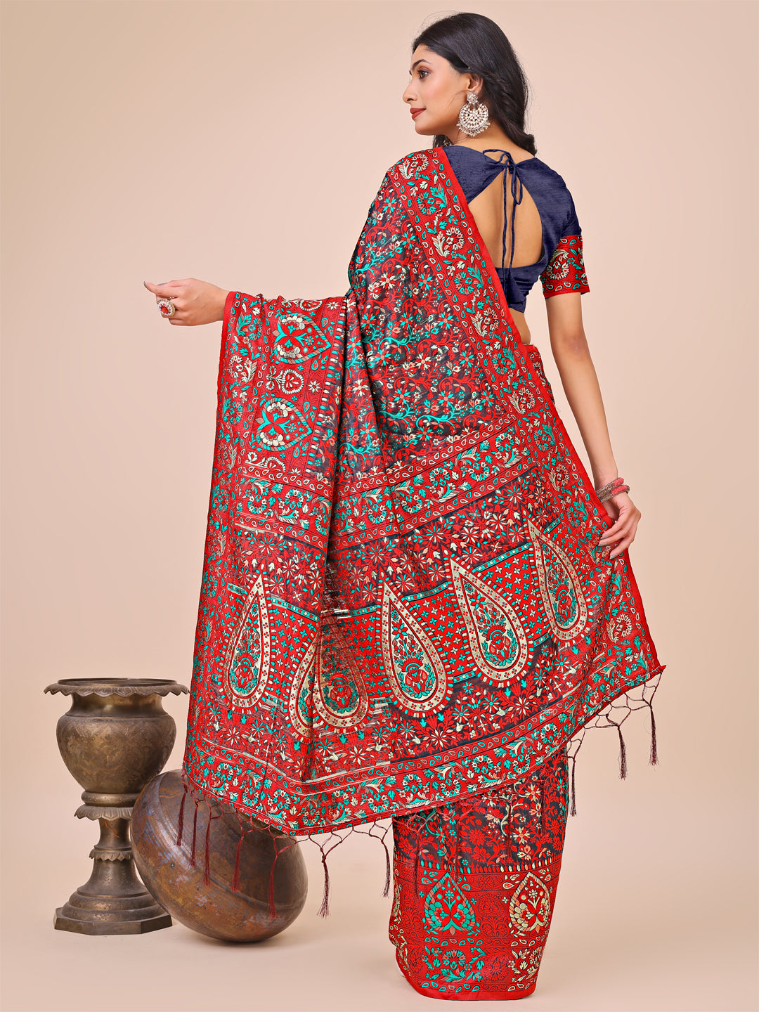 Elegant Red Jacquard Linen Cotton Saree with Traditional Multicolor Weave & Tassel Pallu