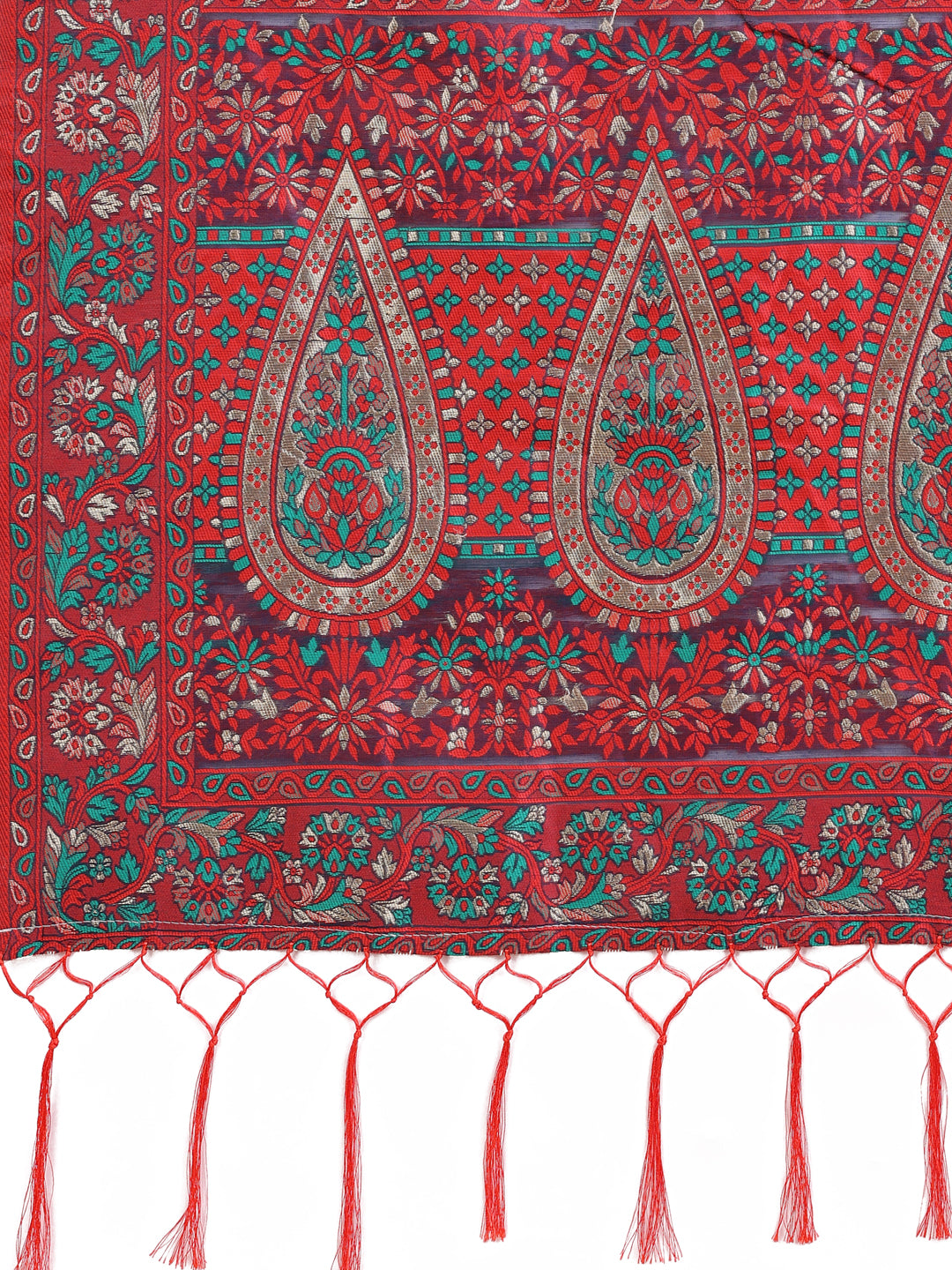 Elegant Red Jacquard Linen Cotton Saree with Traditional Multicolor Weave & Tassel Pallu