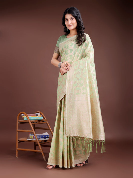 Astita Elegant Light Green Linen Cotton Saree for Women – Soft Lightweight Saree with Subtle Self-Weave & Tassel Pallu