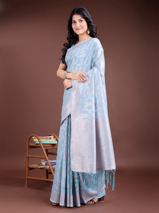 Astita Elegant Sky Blue Linen Cotton Saree for Women – Soft Lightweight Saree with Subtle Self-Weave & Tassel Pallu