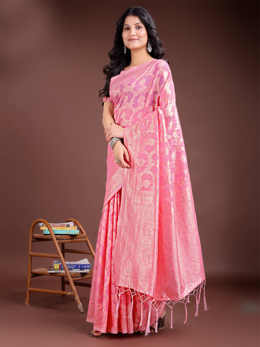 Astita Elegant Pink Linen Cotton Saree for Women – Soft Lightweight Saree with Subtle Self-Weave & Tassel Pallu