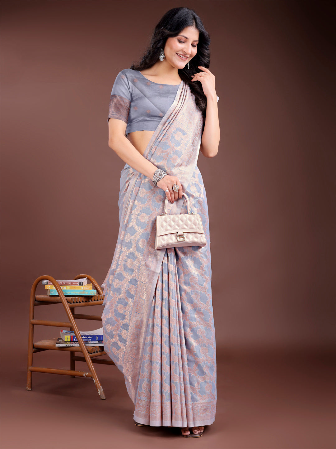 Astita Elegant Grey Linen Cotton Saree for Women – Soft Lightweight Saree with Subtle Self-Weave & Tassel Pallu