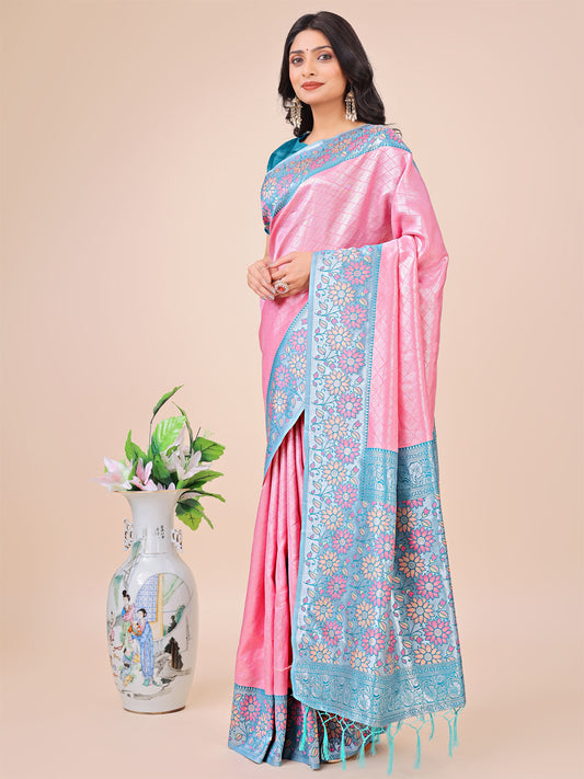 Premium Pink & Sky Blue Floral Woven Lichi Silk Saree with Rich Pallu & Tassels