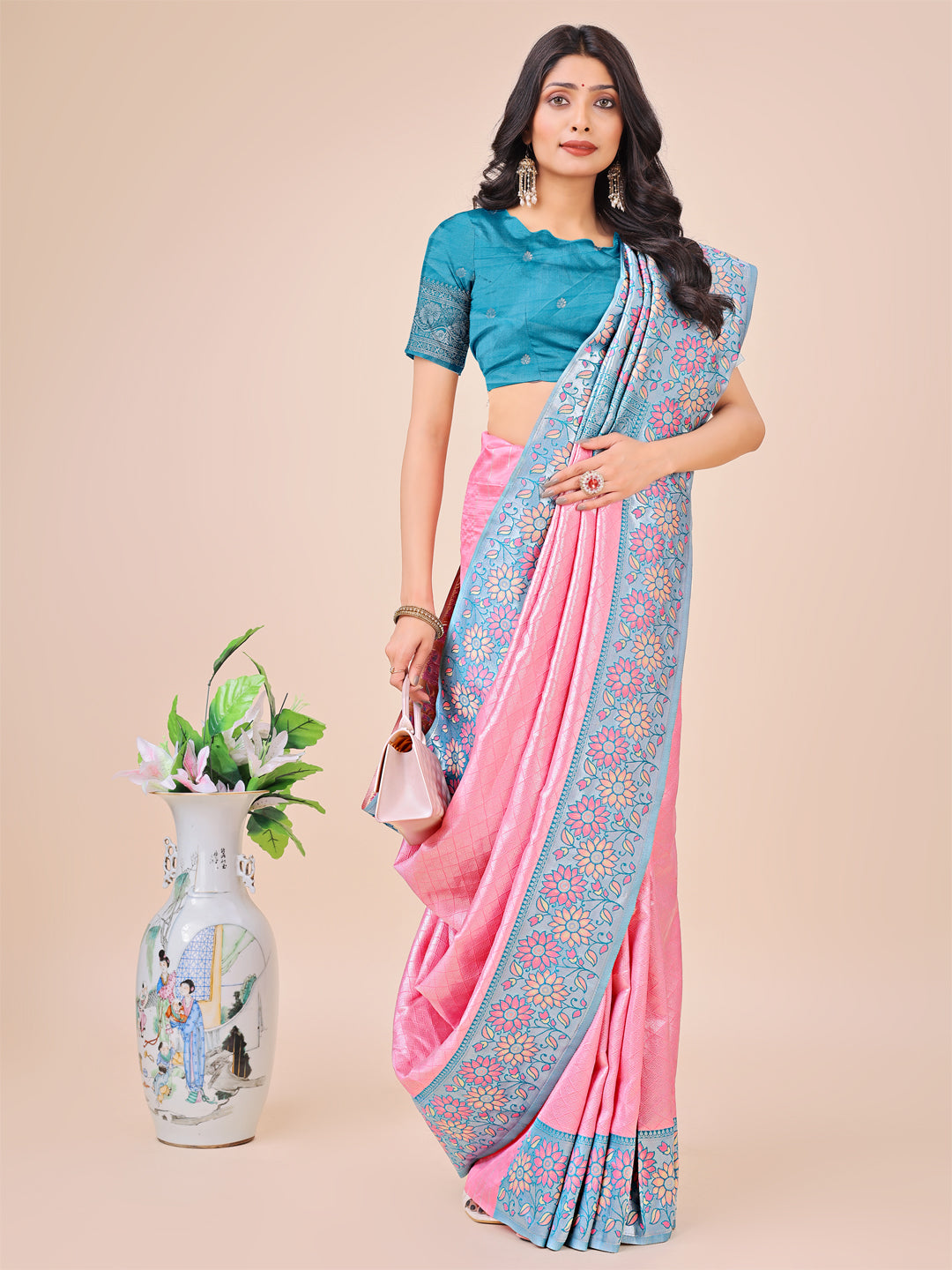 Premium Pink & Sky Blue Floral Woven Lichi Silk Saree with Rich Pallu & Tassels