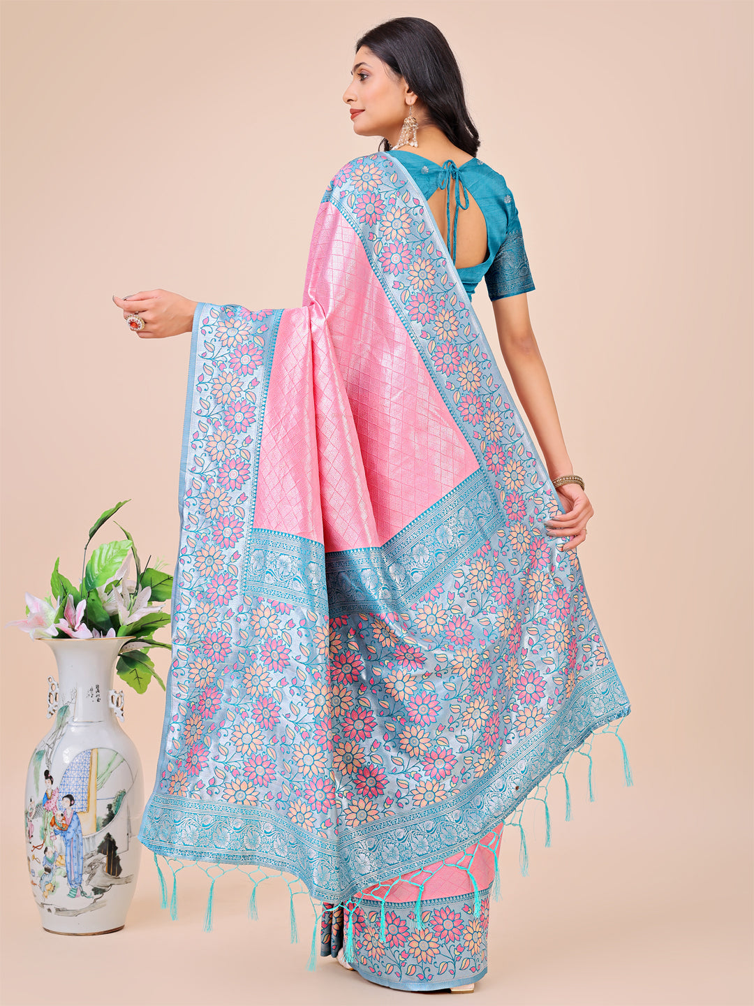 Premium Pink & Sky Blue Floral Woven Lichi Silk Saree with Rich Pallu & Tassels