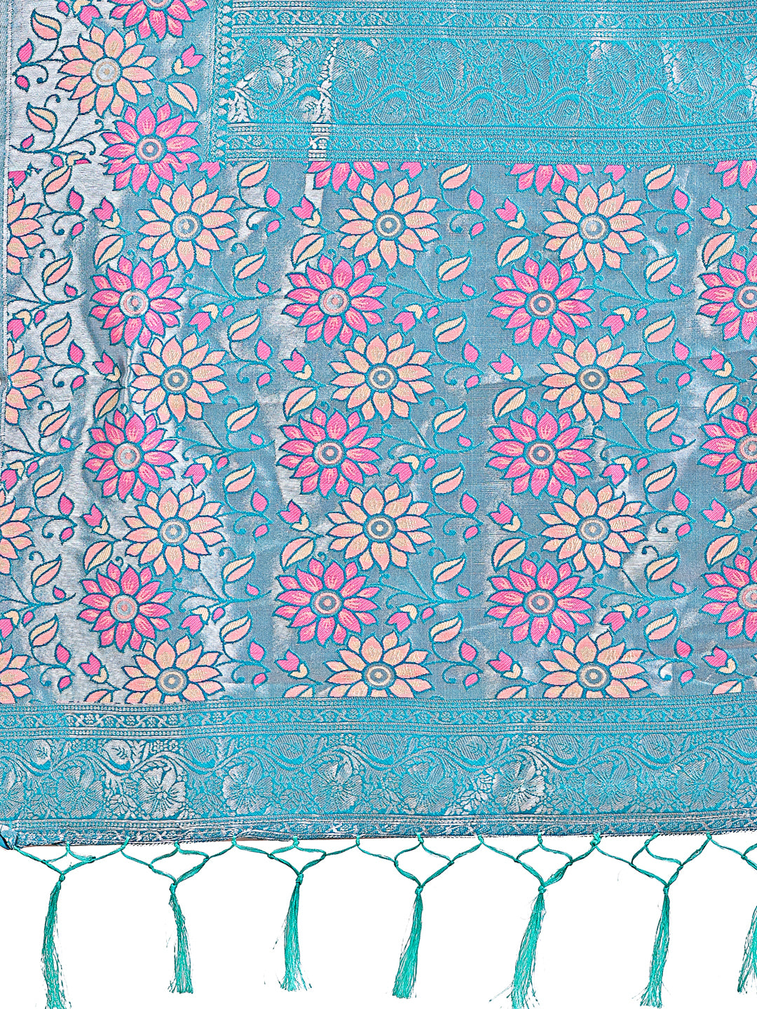 Premium Pink & Sky Blue Floral Woven Lichi Silk Saree with Rich Pallu & Tassels
