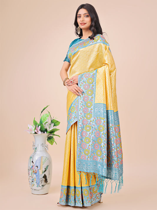 Premium Yellow & Sky Blue Floral Woven Lichi Silk Saree with Rich Pallu & Tassels