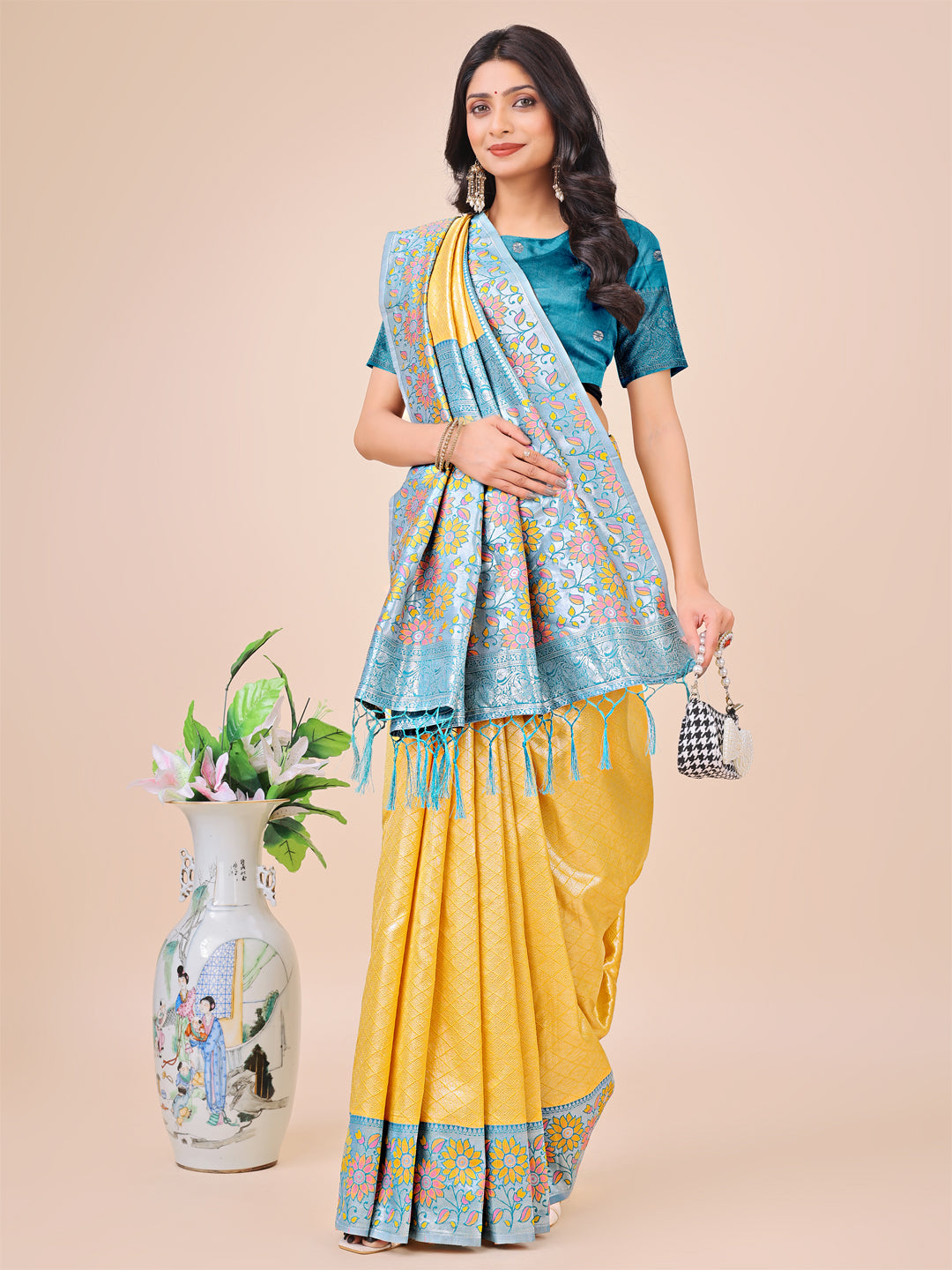 Premium Yellow & Sky Blue Floral Woven Lichi Silk Saree with Rich Pallu & Tassels