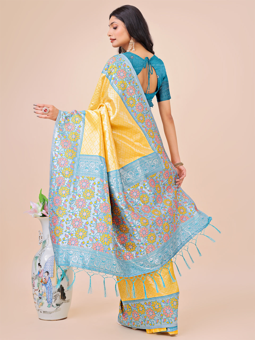 Premium Yellow & Sky Blue Floral Woven Lichi Silk Saree with Rich Pallu & Tassels