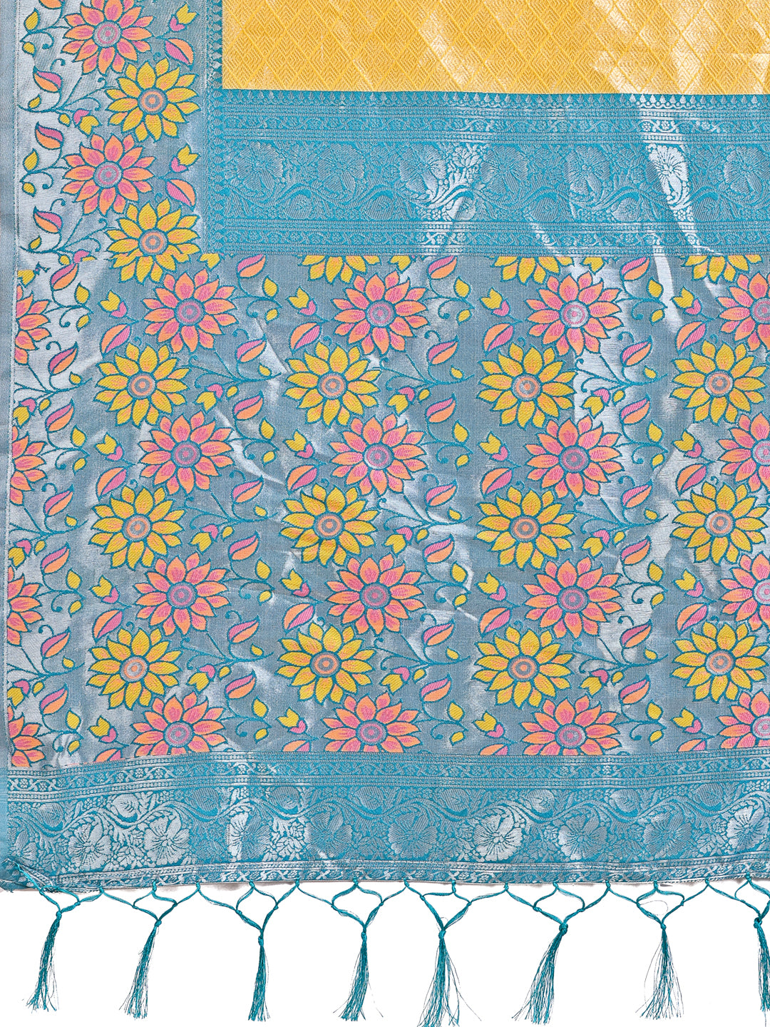 Premium Yellow & Sky Blue Floral Woven Lichi Silk Saree with Rich Pallu & Tassels