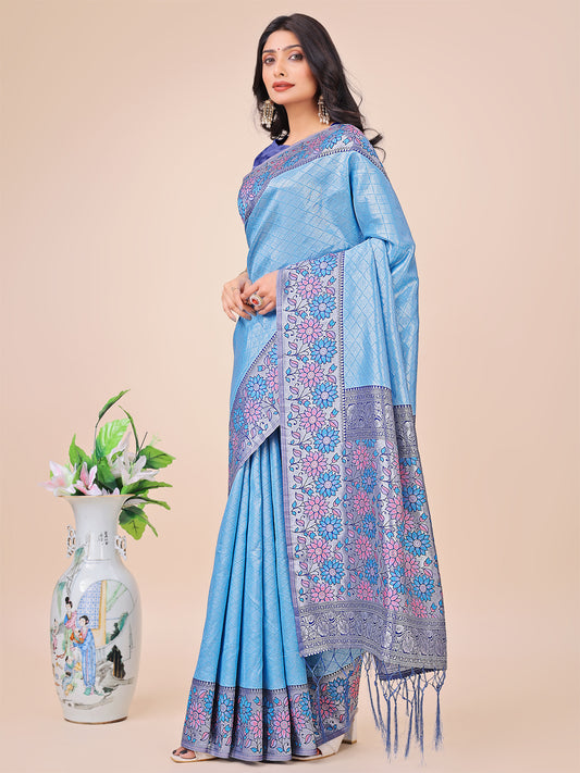 Premium Sky Blue Floral Woven Lichi Silk Saree with Rich Pallu & Tassels