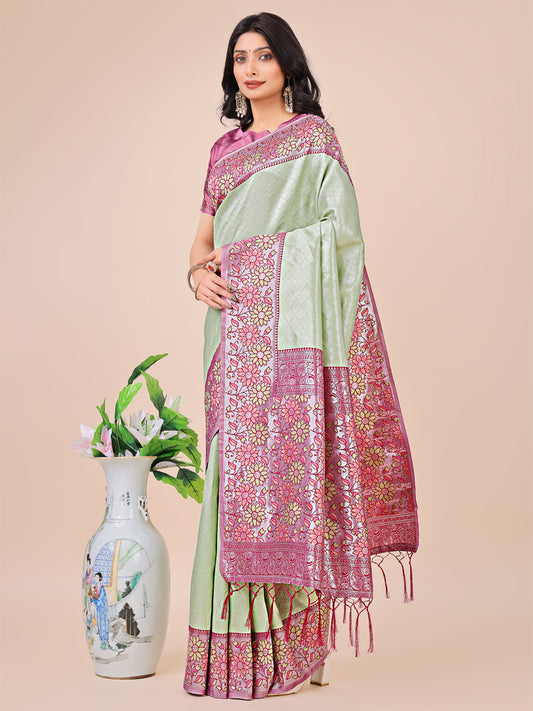 Premium Olive Green & Pink Floral Woven Lichi Silk Saree with Rich Pallu & Tassels