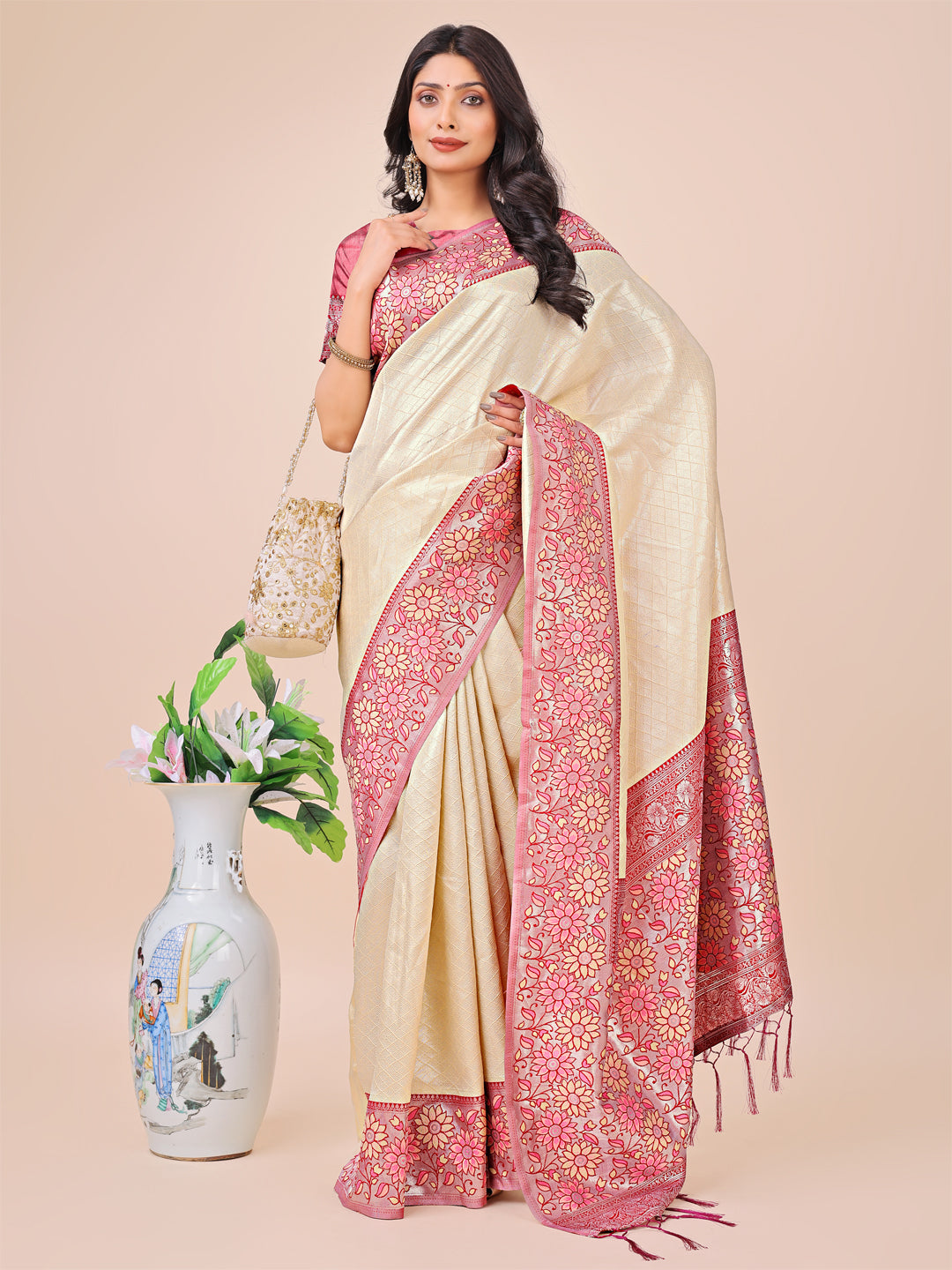 Premium Cream & Red Floral Woven Lichi Silk Saree with Rich Pallu & Tassels