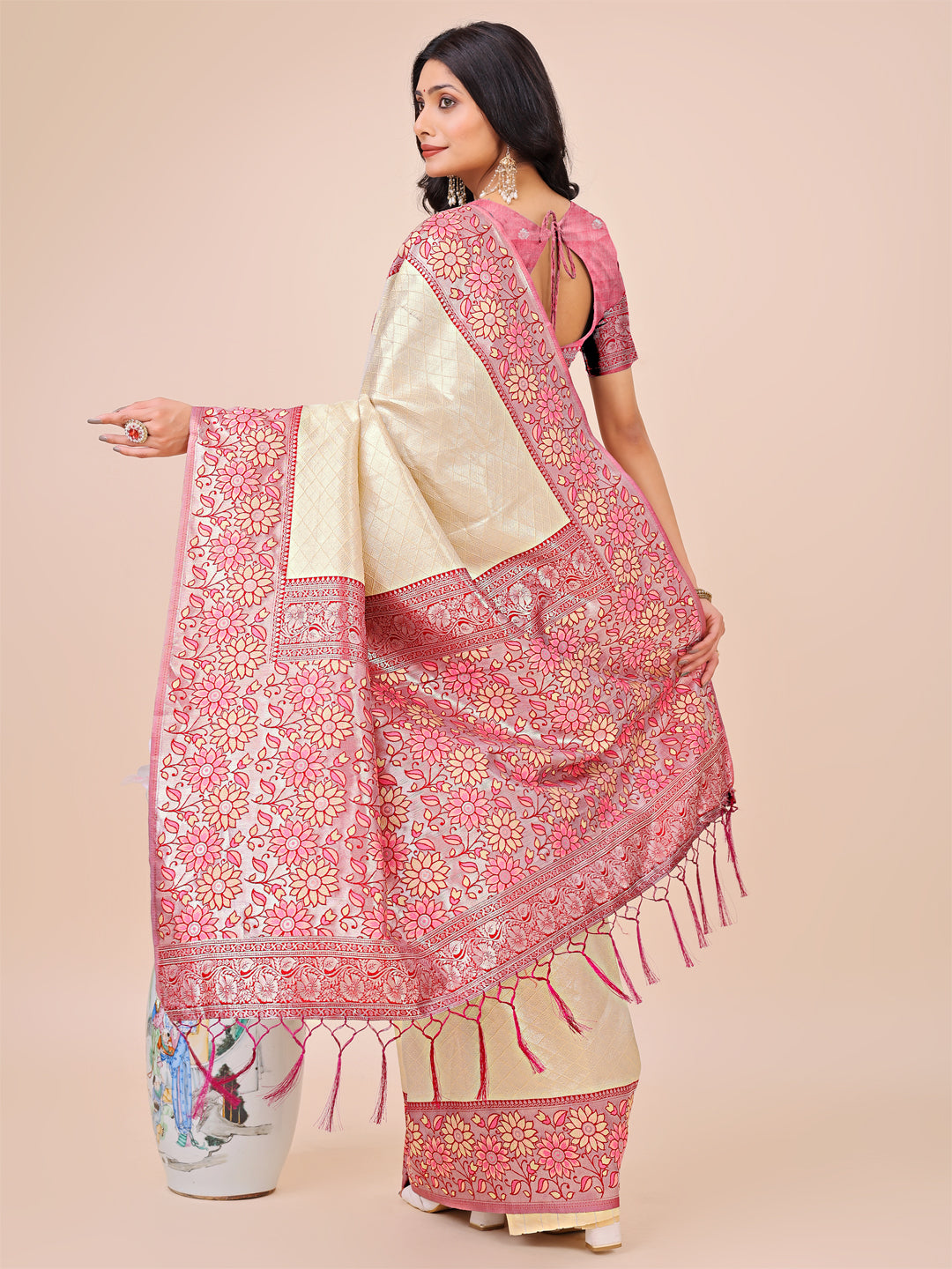 Premium Cream & Red Floral Woven Lichi Silk Saree with Rich Pallu & Tassels