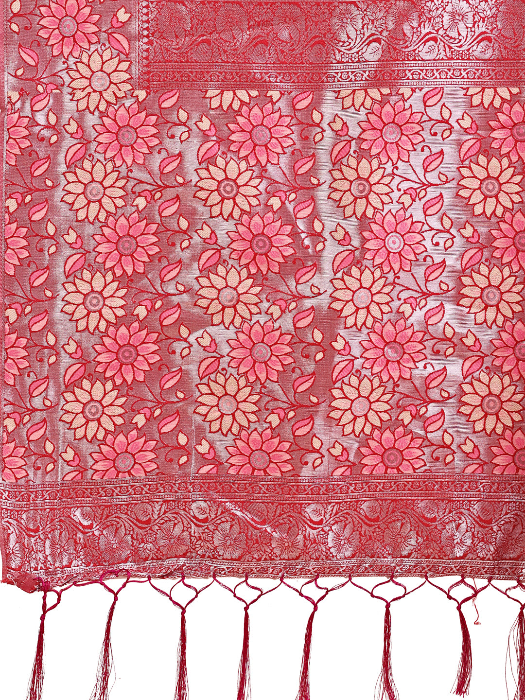 Premium Cream & Red Floral Woven Lichi Silk Saree with Rich Pallu & Tassels