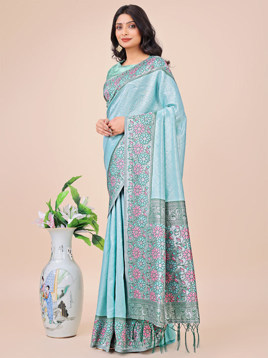 Premium Teal & Green Floral Woven Lichi Silk Saree with Rich Pallu & Tassels