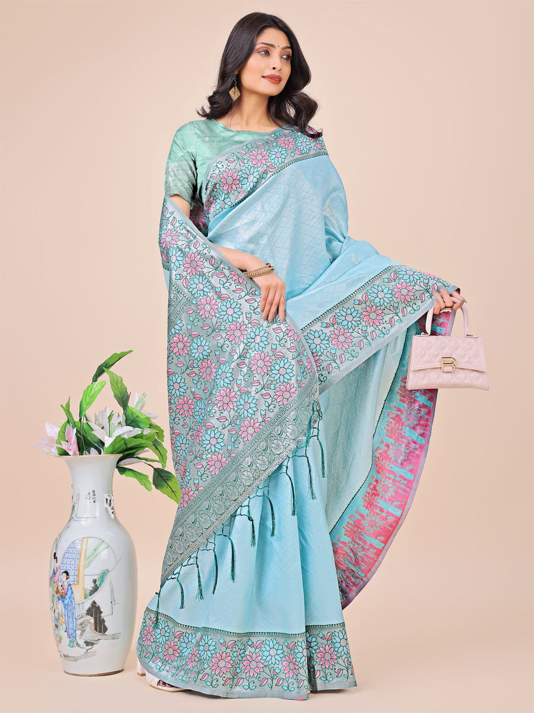 Premium Teal & Green Floral Woven Lichi Silk Saree with Rich Pallu & Tassels