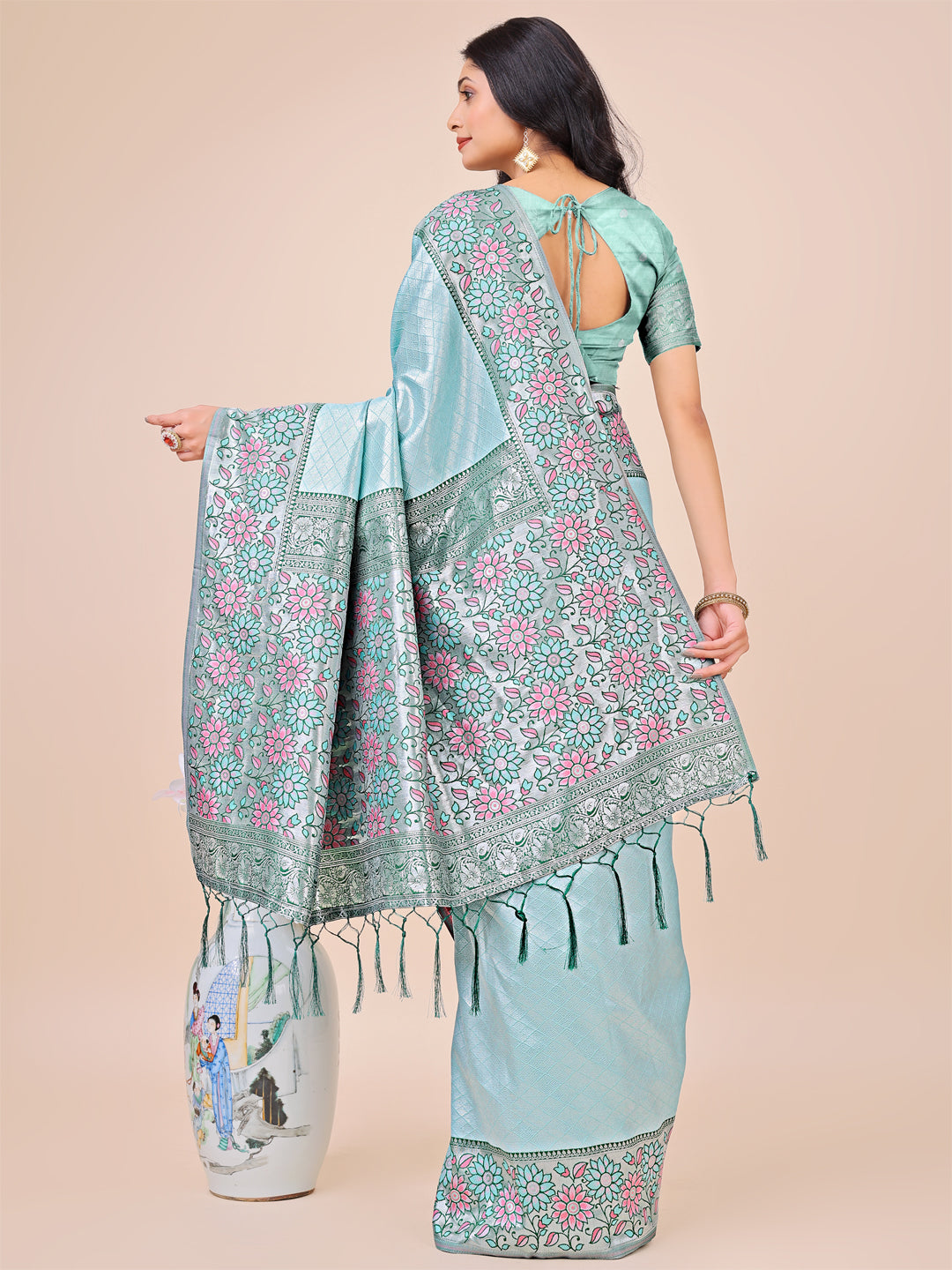 Premium Teal & Green Floral Woven Lichi Silk Saree with Rich Pallu & Tassels