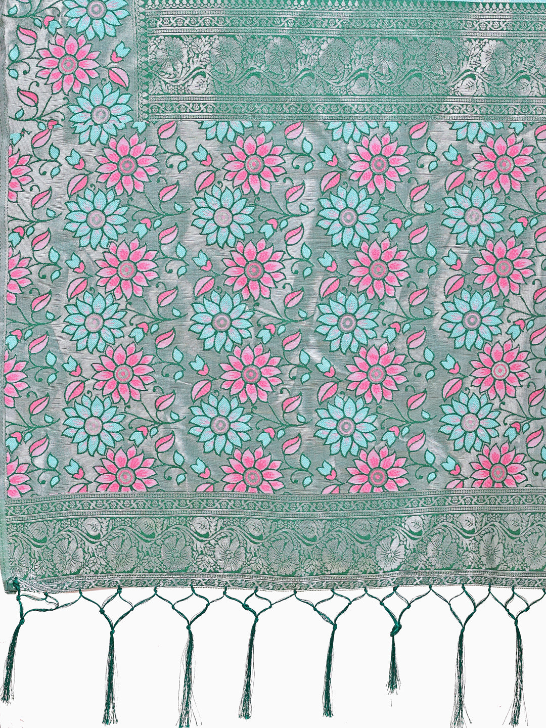 Premium Teal & Green Floral Woven Lichi Silk Saree with Rich Pallu & Tassels