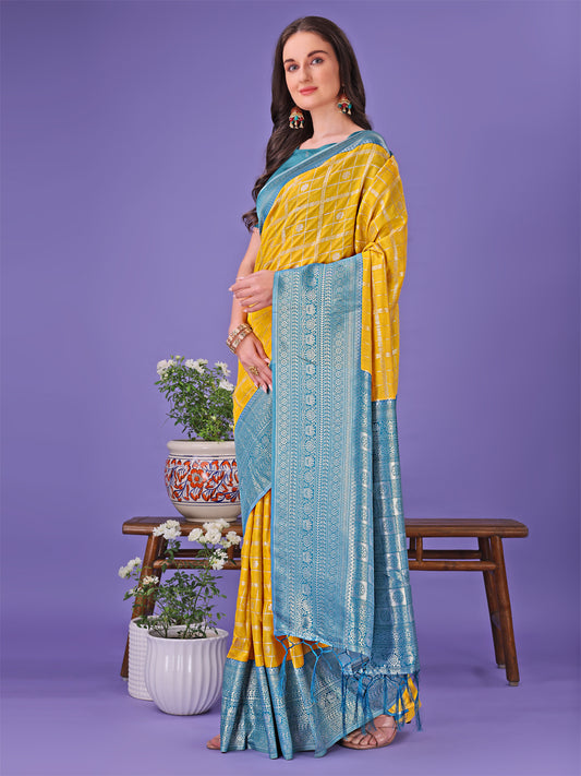 Astita Vibrant Yellow & Blue Lichi Silk Saree with Rich Woven Border and Contrast Blouse – Festive & Wedding Wear