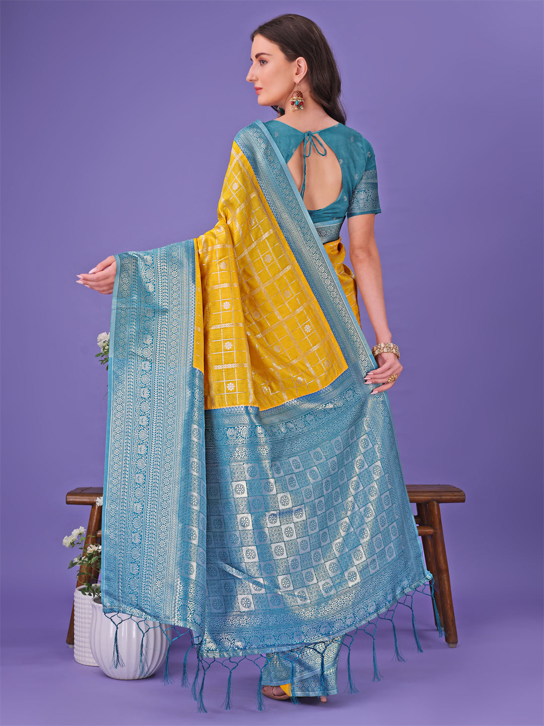 Astita Vibrant Yellow & Blue Lichi Silk Saree with Rich Woven Border and Contrast Blouse – Festive & Wedding Wear