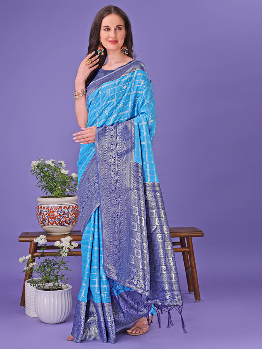 Astita Vibrant Sky Blue & Blue Lichi Silk Saree with Rich Woven Border and Contrast Blouse – Festive & Wedding Wear