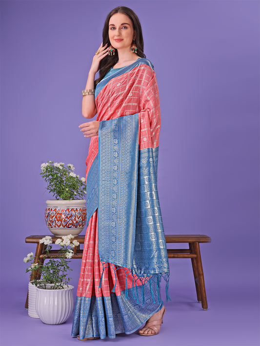 Astita Vibrant Peach & Teal Lichi Silk Saree with Rich Woven Border and Contrast Blouse – Festive & Wedding Wear