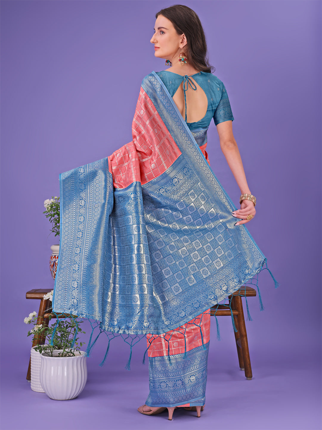 Astita Vibrant Peach & Teal Lichi Silk Saree with Rich Woven Border and Contrast Blouse – Festive & Wedding Wear