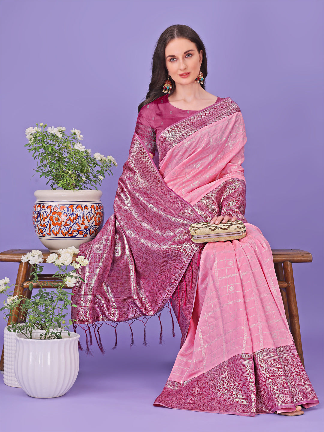 Astita Vibrant Pink & Magenta Lichi Silk Saree with Rich Woven Border and Contrast Blouse – Festive & Wedding Wear