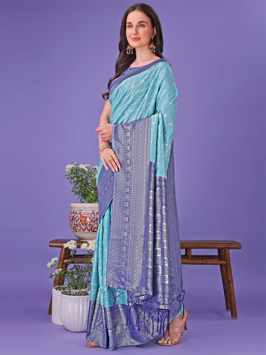 Astita Vibrant Sea Green & Blue Lichi Silk Saree with Rich Woven Border and Contrast Blouse – Festive & Wedding Wear