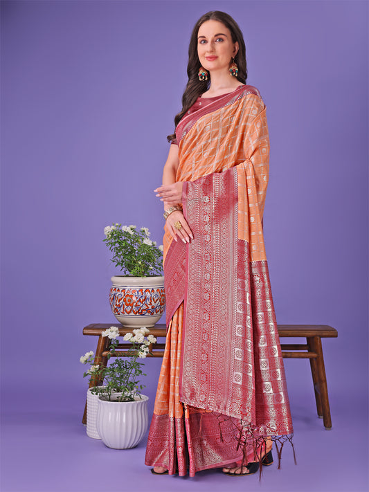 Astita Vibrant Orange & Red Lichi Silk Saree with Rich Woven Border and Contrast Blouse – Festive & Wedding Wear
