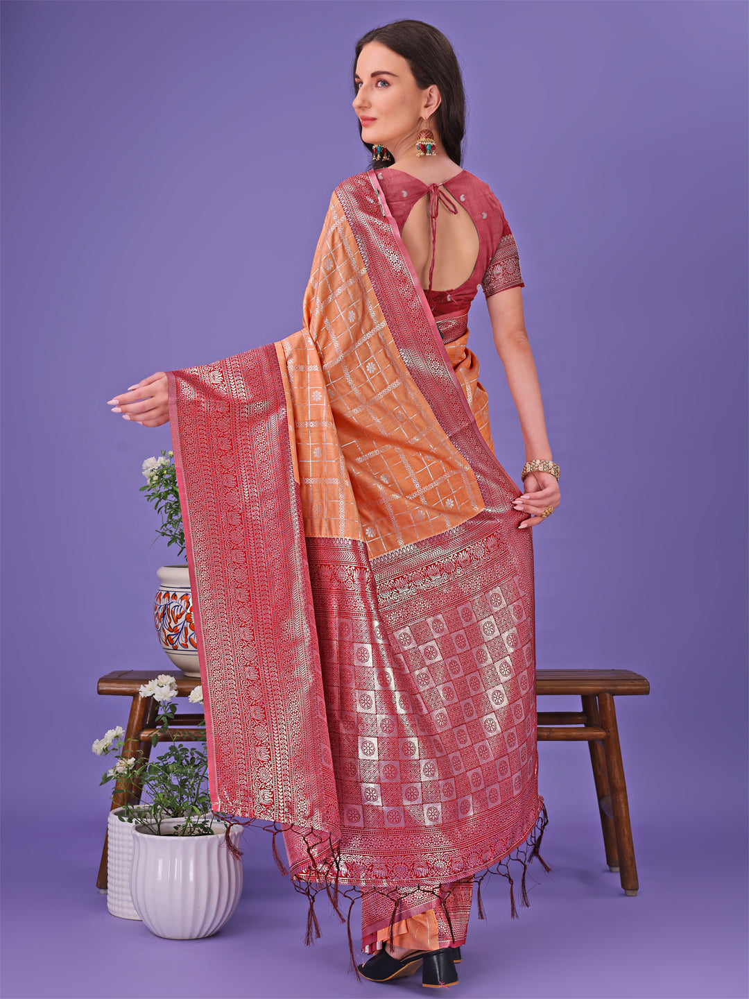 Astita Vibrant Orange & Red Lichi Silk Saree with Rich Woven Border and Contrast Blouse – Festive & Wedding Wear