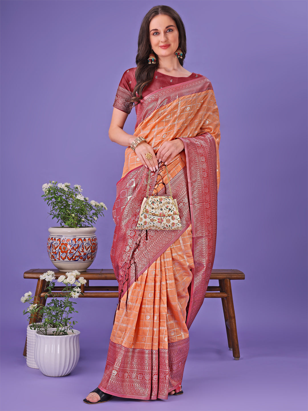 Astita Vibrant Orange & Red Lichi Silk Saree with Rich Woven Border and Contrast Blouse – Festive & Wedding Wear