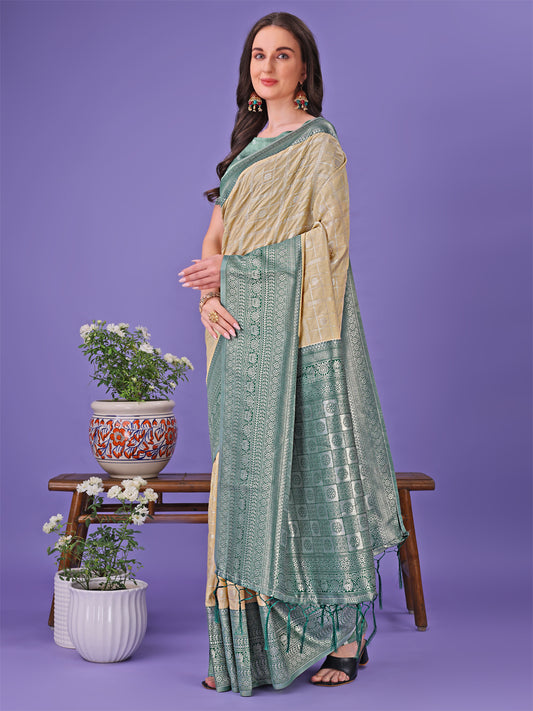 Astita Vibrant Cream & Green Lichi Silk Saree with Rich Woven Border and Contrast Blouse – Festive & Wedding Wear
