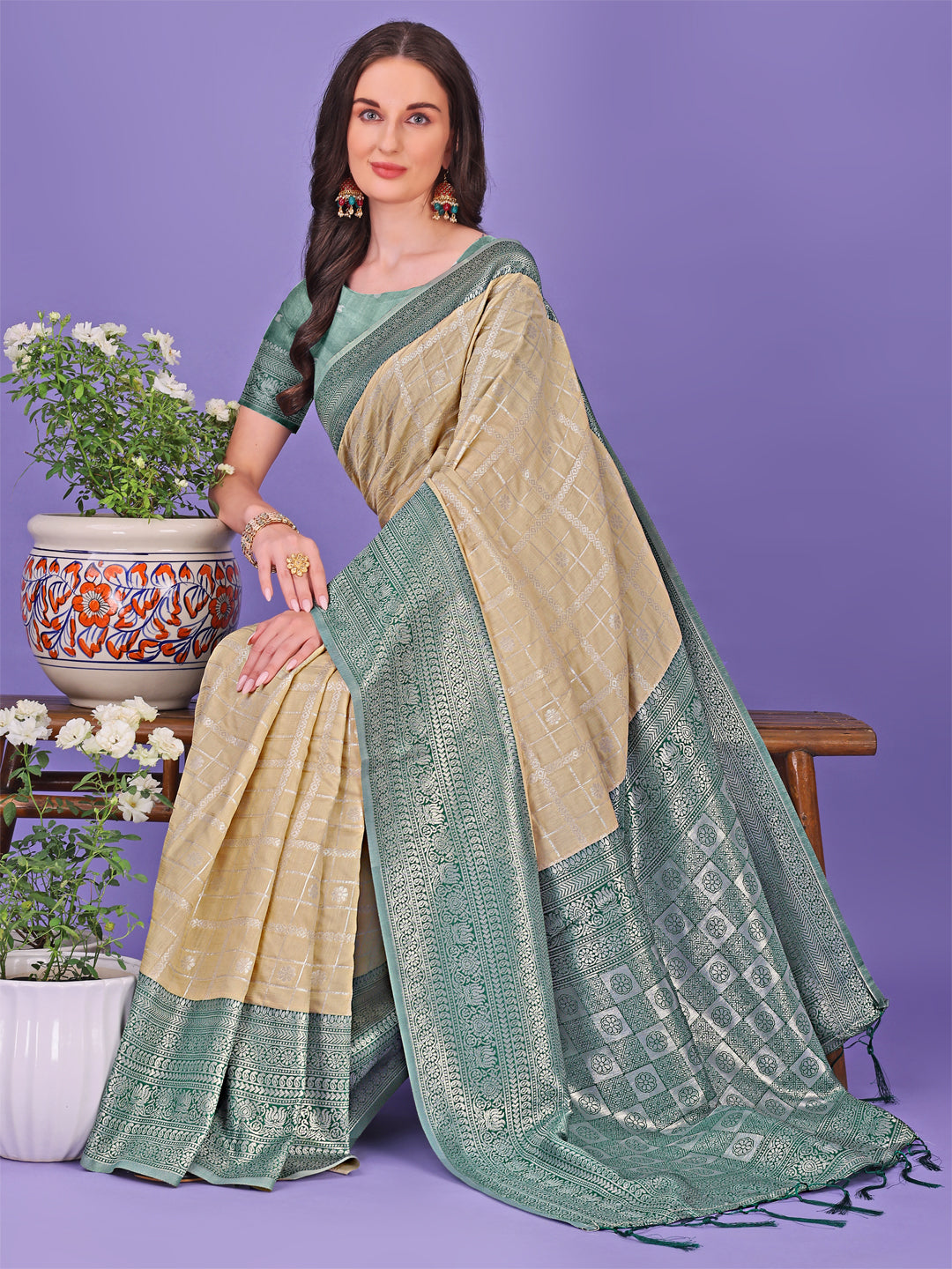 Astita Vibrant Cream & Green Lichi Silk Saree with Rich Woven Border and Contrast Blouse – Festive & Wedding Wear