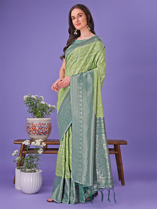 Astita Vibrant Light Green & Dark Green Lichi Silk Saree with Rich Woven Border and Contrast Blouse – Festive & Wedding Wear