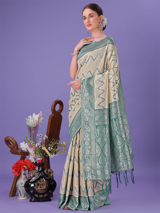 Astita Cream & Green Lichi Silk Saree with Rich Woven Border and Zigzag Pattern – Wedding & Festive Wear