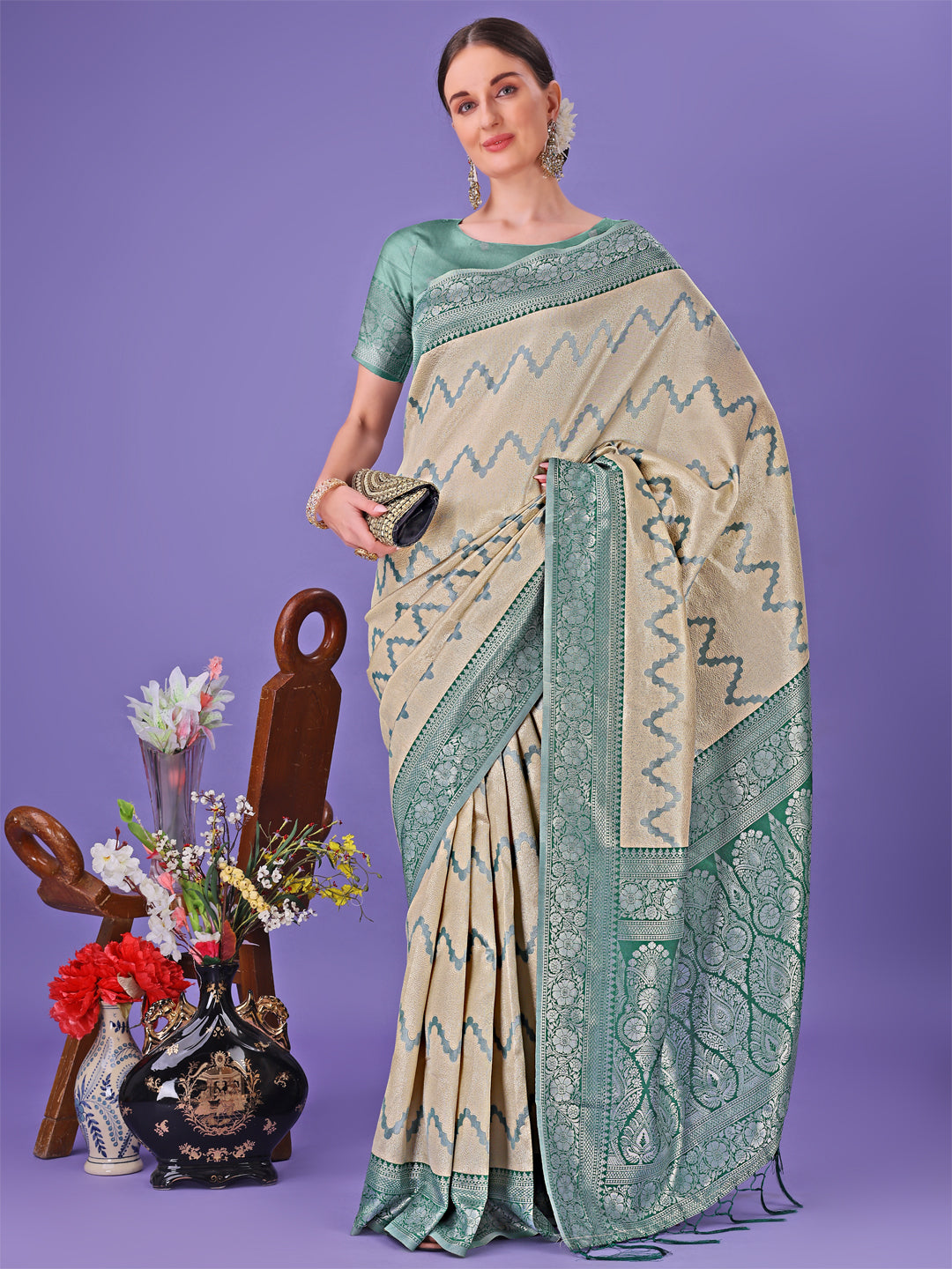 Astita Cream & Green Lichi Silk Saree with Rich Woven Border and Zigzag Pattern – Wedding & Festive Wear