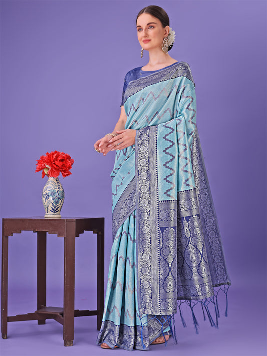 Astita Sky Blue & Green Lichi Silk Saree with Rich Woven Border and Zigzag Pattern – Wedding & Festive Wear