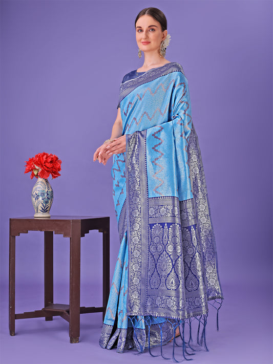 Astita Blue & Navy Blue Lichi Silk Saree with Rich Woven Border and Zigzag Pattern – Wedding & Festive Wear