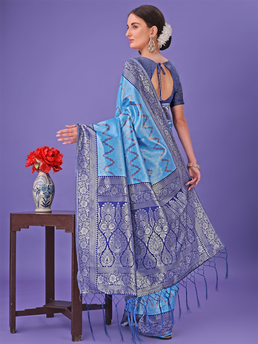 Astita Blue & Navy Blue Lichi Silk Saree with Rich Woven Border and Zigzag Pattern – Wedding & Festive Wear