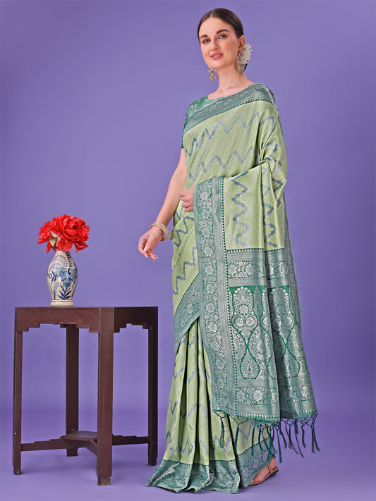 Astita Light Green & Green Lichi Silk Saree with Rich Woven Border and Zigzag Pattern – Wedding & Festive Wear