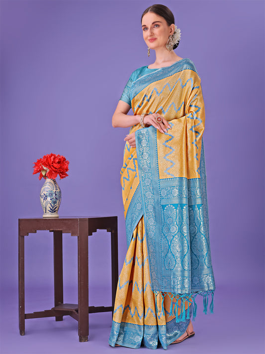 Astita Yellow & Sky Blue Lichi Silk Saree with Rich Woven Border and Zigzag Pattern – Wedding & Festive Wear