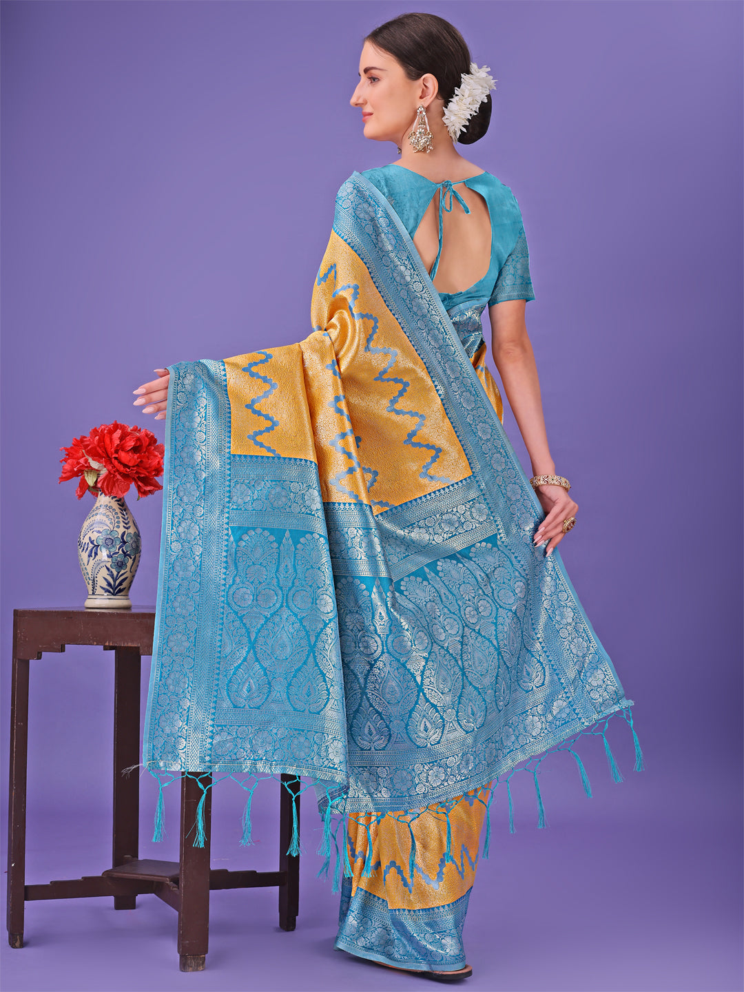 Astita Yellow & Sky Blue Lichi Silk Saree with Rich Woven Border and Zigzag Pattern – Wedding & Festive Wear